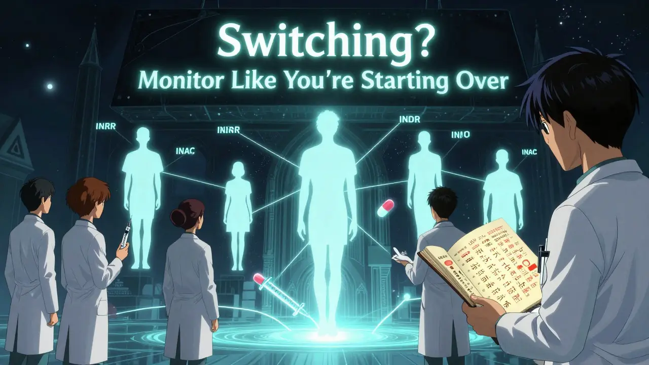A medical team before a glowing warfarin pharmacokinetics chart, with patient silhouettes connected to INR values and a black box warning monument in the background.