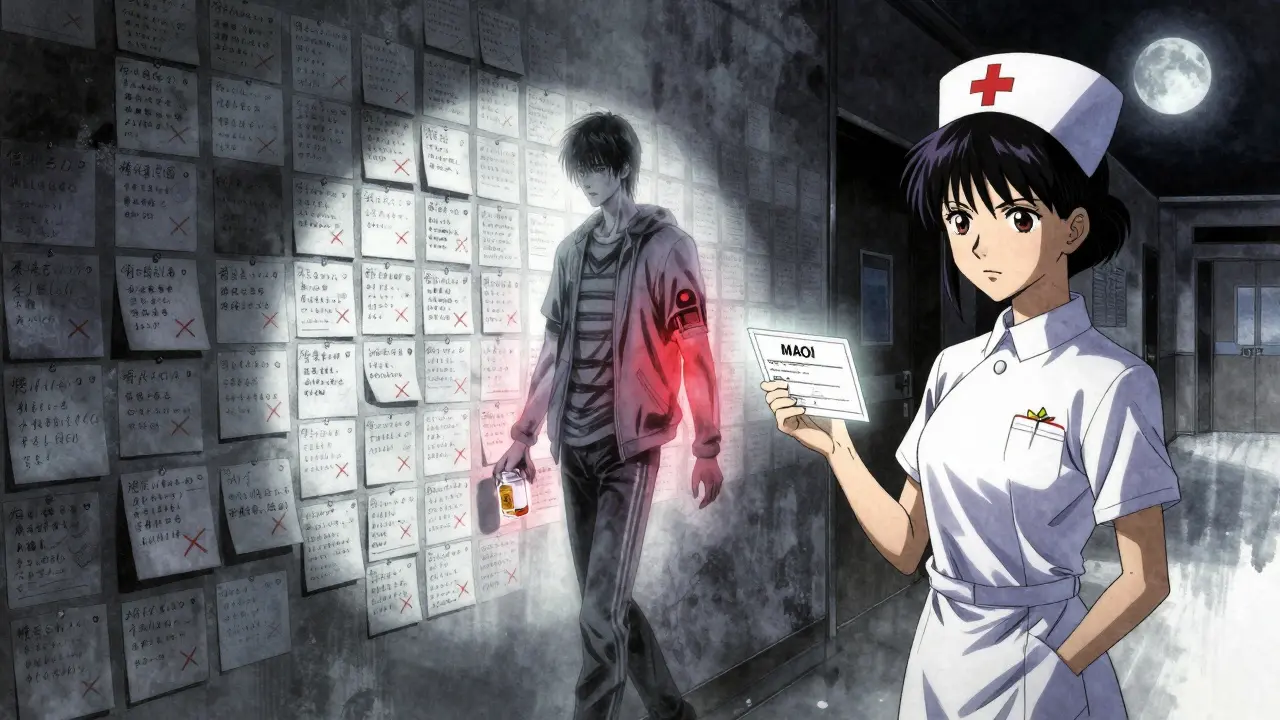 A nurse holding an MAOI alert card in a dark hospital, wall behind covered in red X's, ghostly figure holding cold medicine fading through the wall.