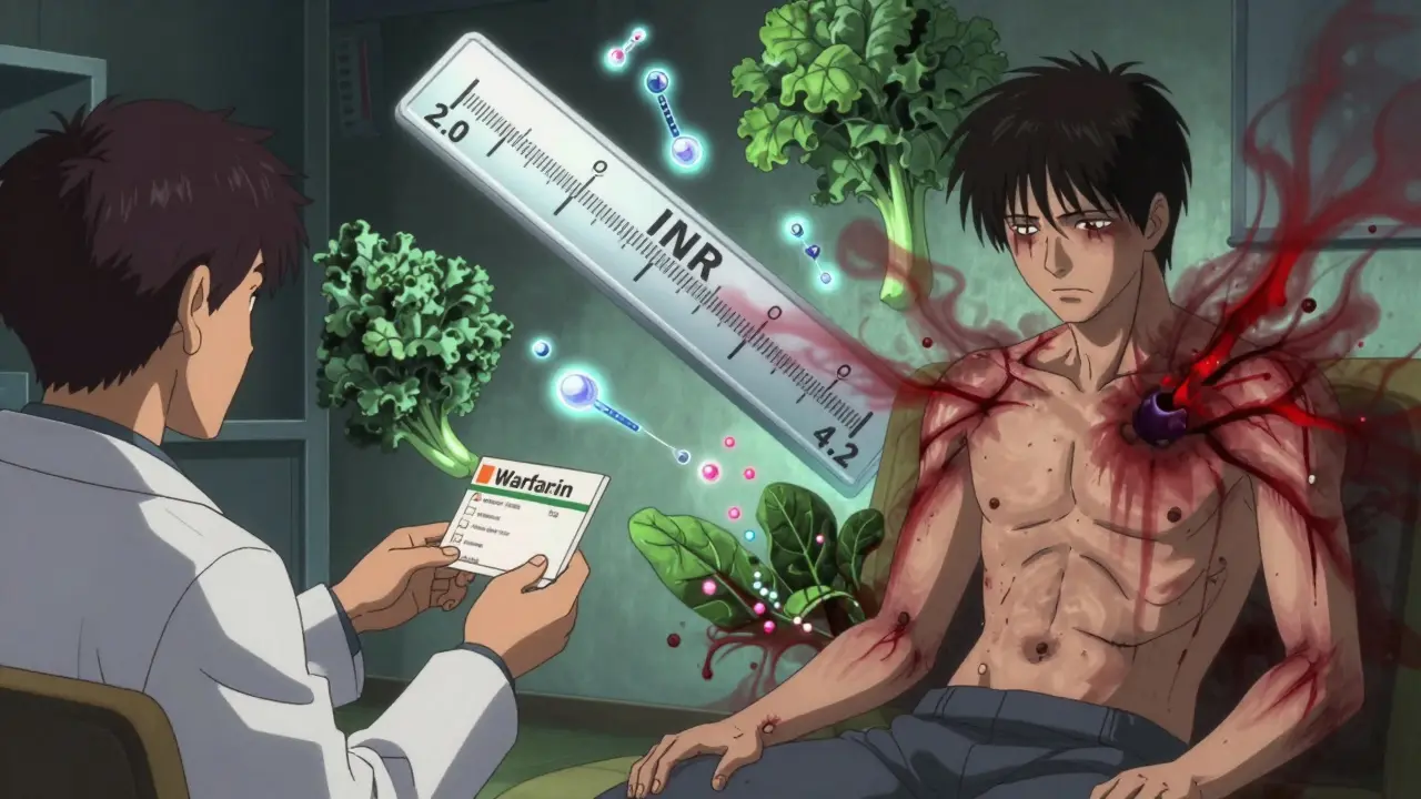 A patient experiencing bleeding symptoms as ghostly red streaks emerge, while a giant INR scale tilts dangerously between safe and dangerous levels.