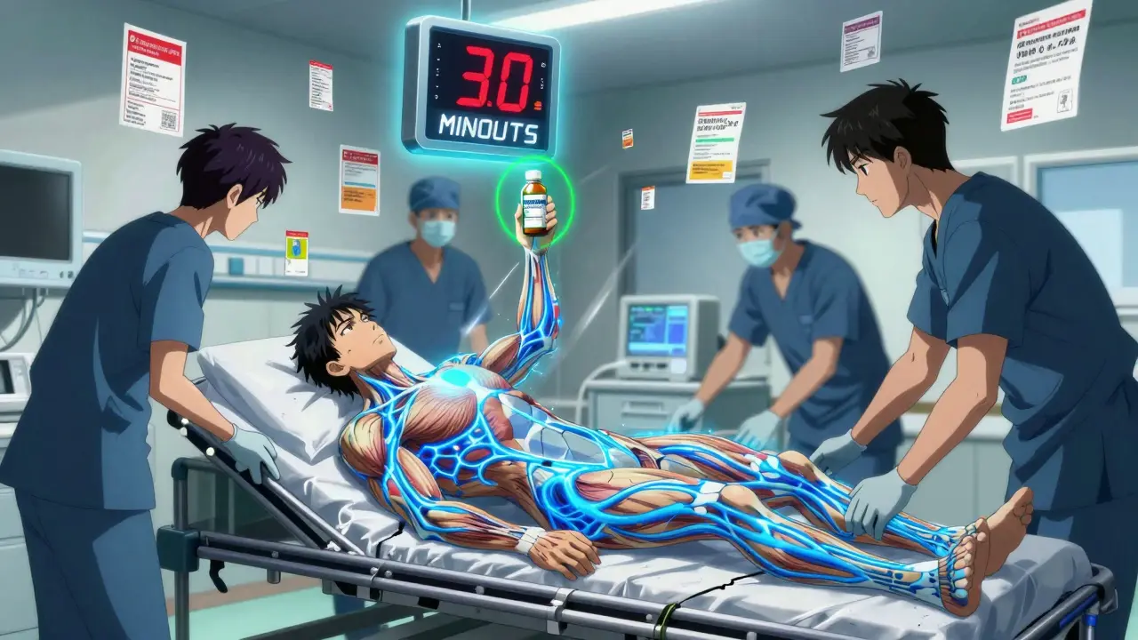 A patient in emergency care has rigid muscles and glowing neural pathways, medical staff rush as a clock reads '30 MINUTES'.
