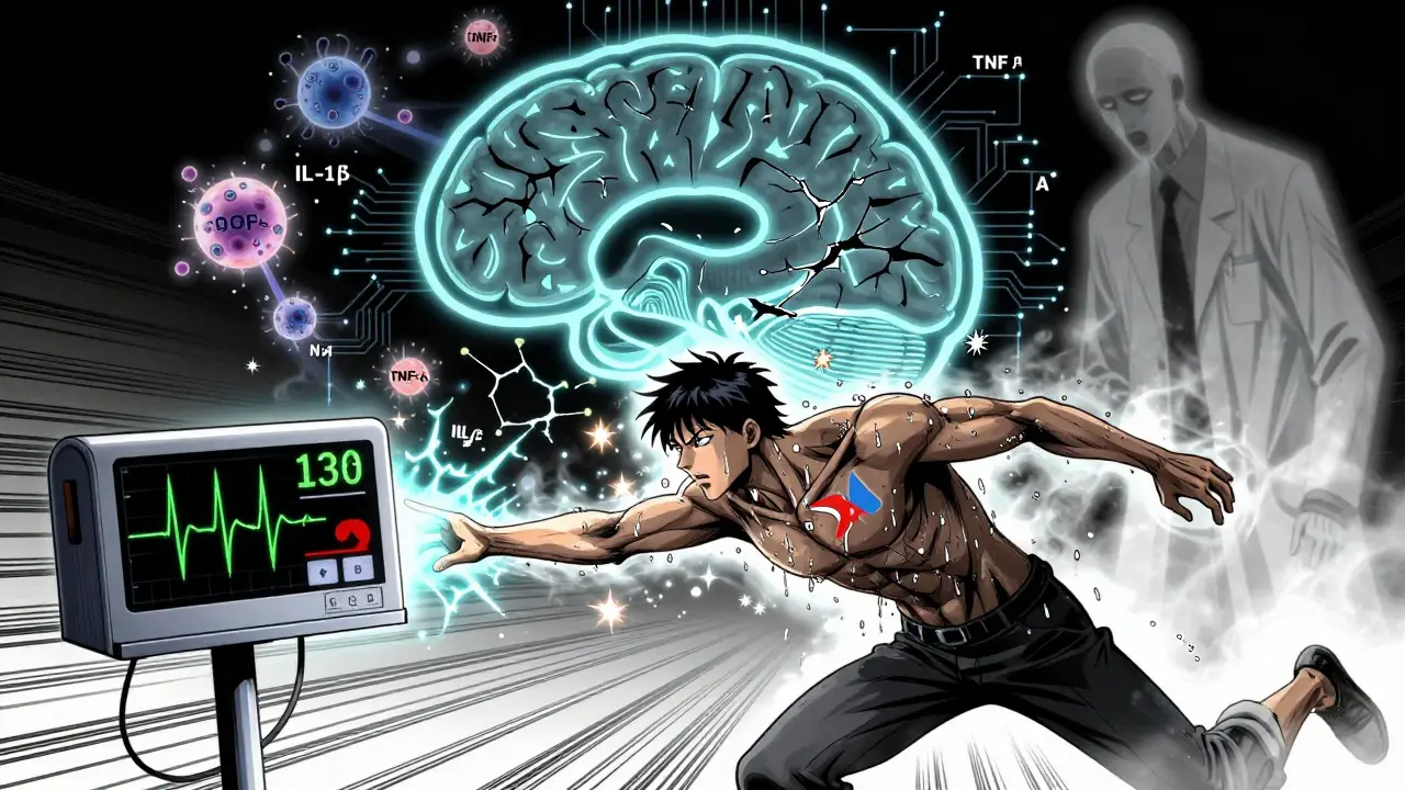 A patient mid-crash with a heart rate monitor spiking, surrounded by inflammatory molecules and a fading dismissive doctor.