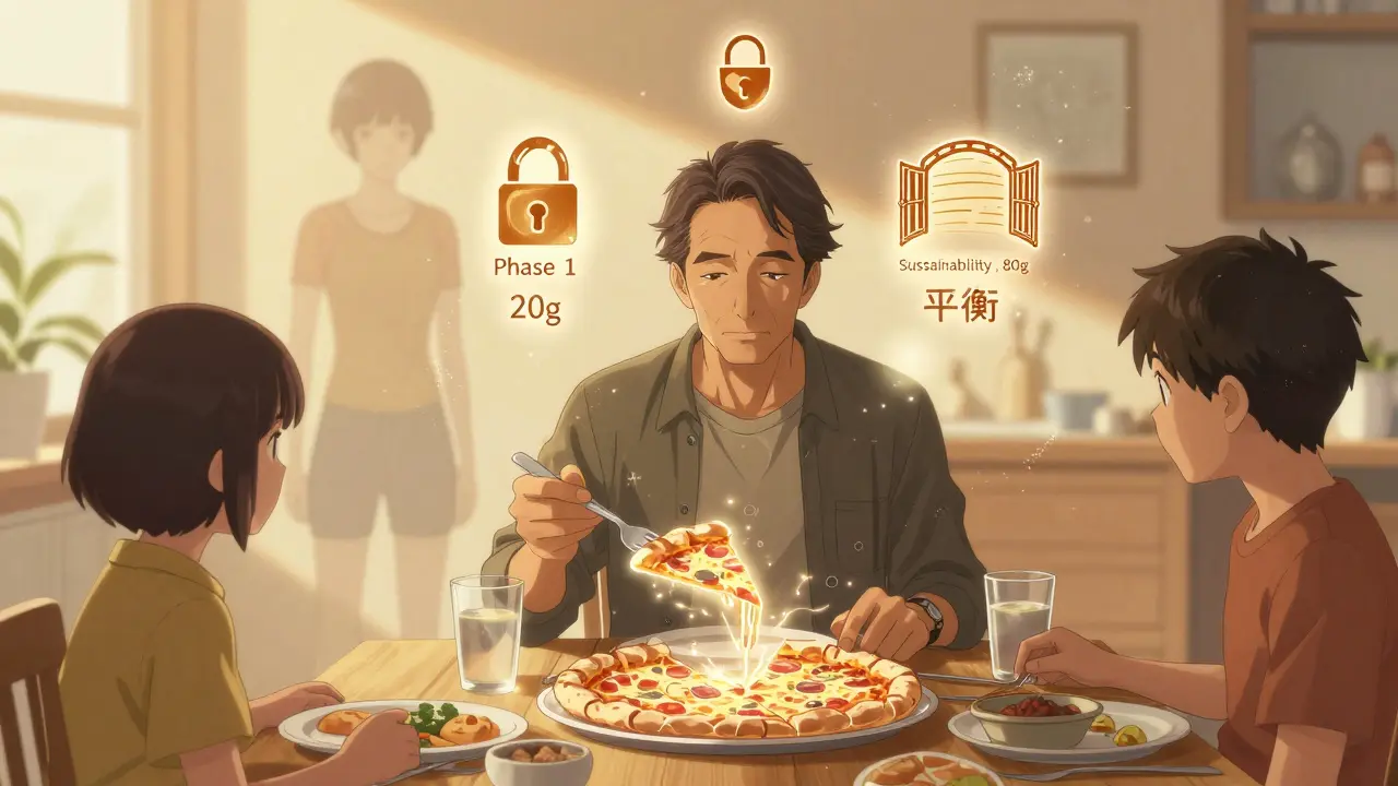 A person at a family dinner with floating diet phases and a glowing Atkins pizza crust.