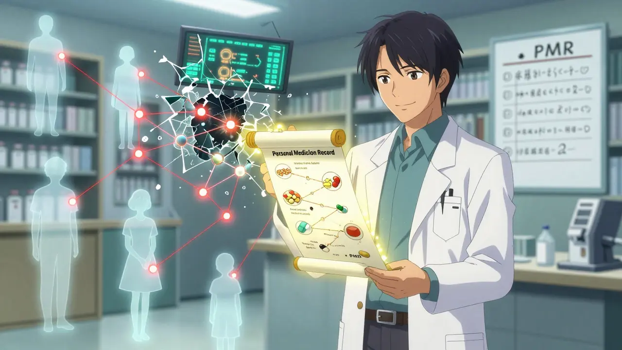 A pharmacist holding a glowing medication record scroll that links interactions, with patient silhouettes connected by red threads.