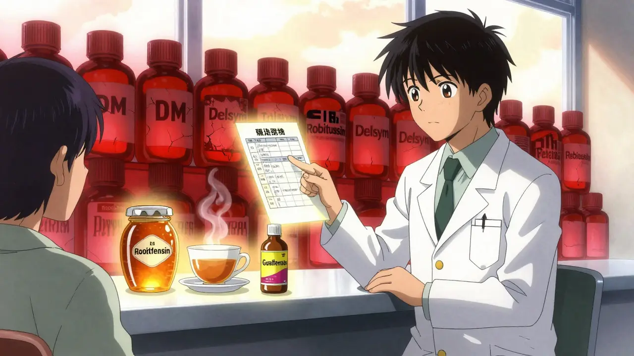 A pharmacist points to safe cough remedies while dangerous drug labels glow red behind them, patient wears an MAOI wristband.