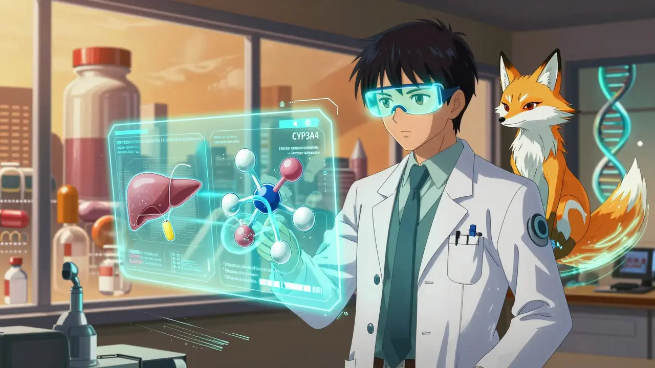 A pharmacist with a holographic AI fox assistant visualizing how a drug interacts with a patient's enzymes.