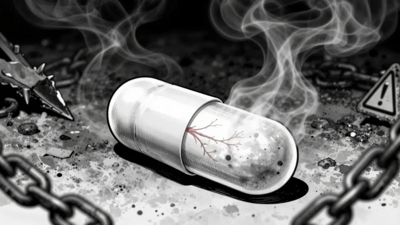 A single white pill emitting dark smoke to represent dangerous counterfeit medication.