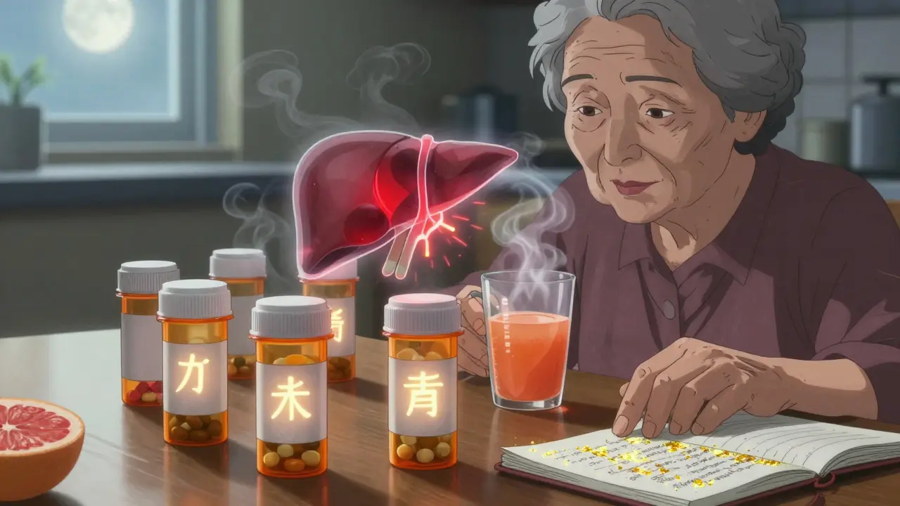 An elderly woman at a kitchen table with five prescription bottles and grapefruit juice emitting a dangerous mist.