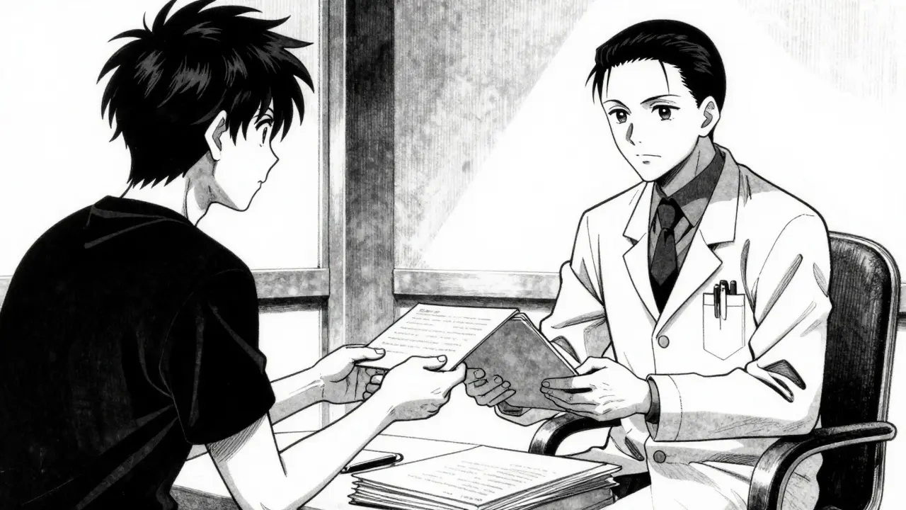 Patient handing a medical folder to a doctor in an exam room.