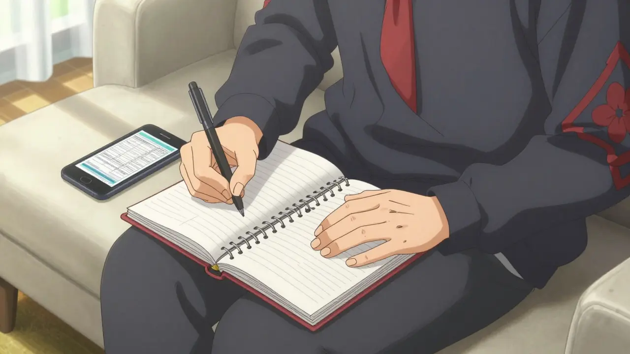 Person writing in a health log next to a smartphone screen.