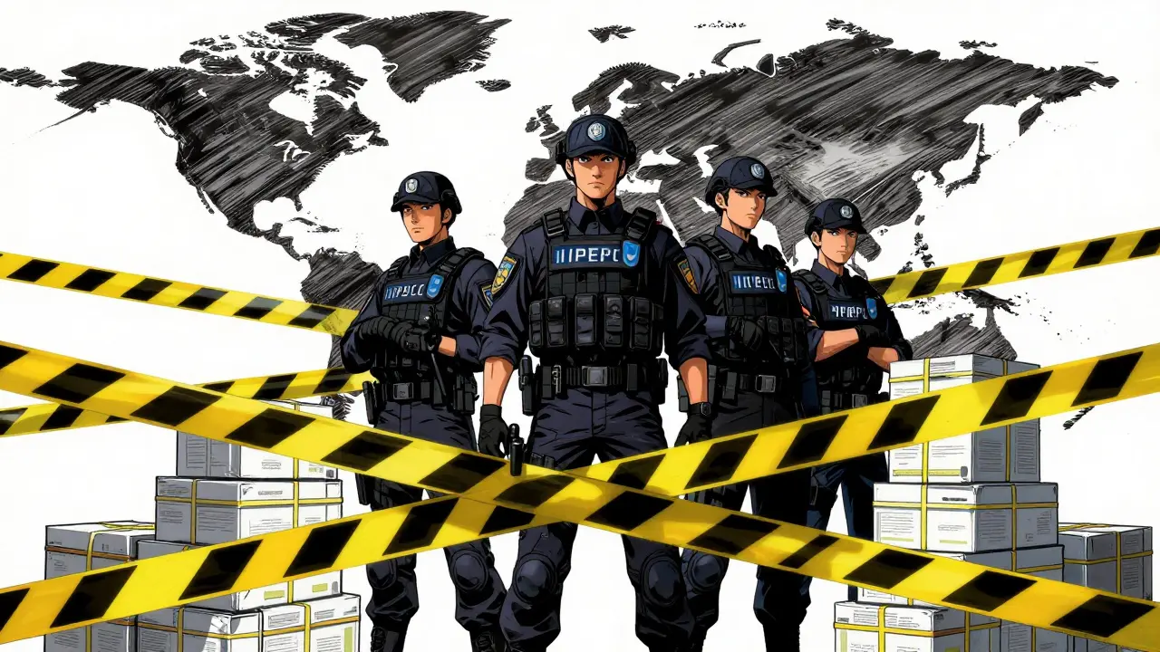 Police officers surrounding seized medicine boxes in a dynamic action scene style.