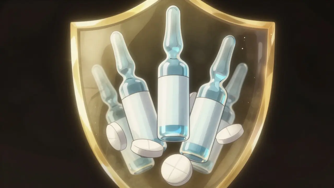 Translucent vials and tablets surrounded by a protective golden energy shield.