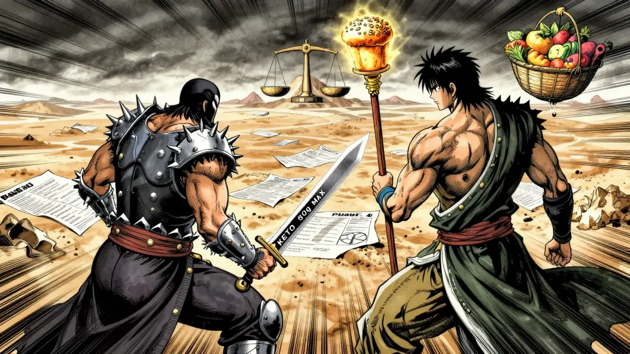 Two warriors representing keto and Atkins in a symbolic battlefield with dietary icons.