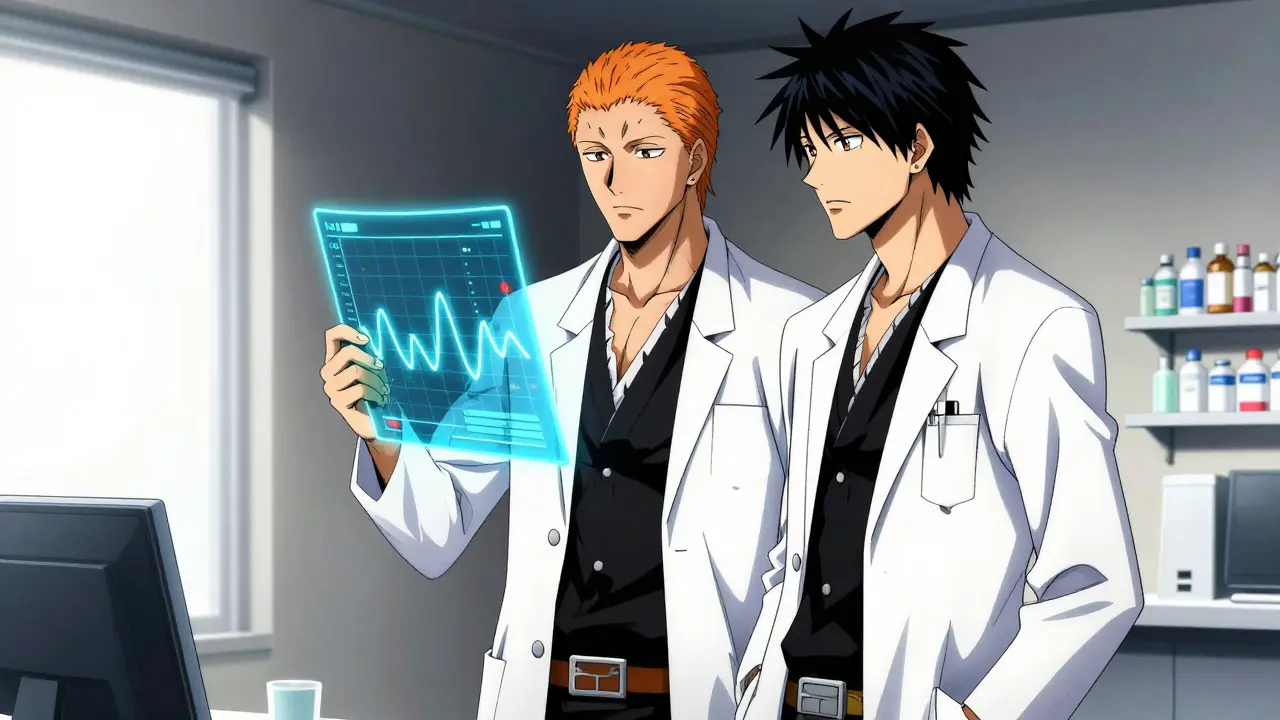 A doctor and pharmacist analyzing a holographic medical chart in an anime style.