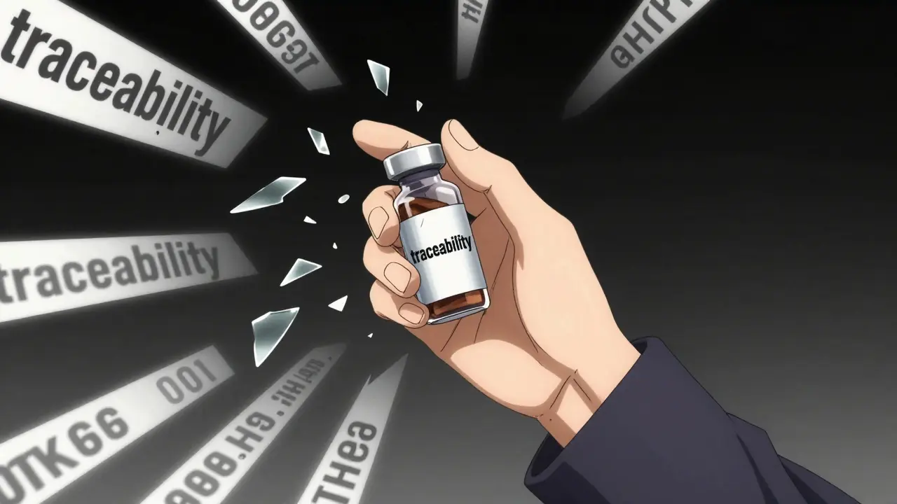 A hand holding a shattering medicine vial representing a traceability gap