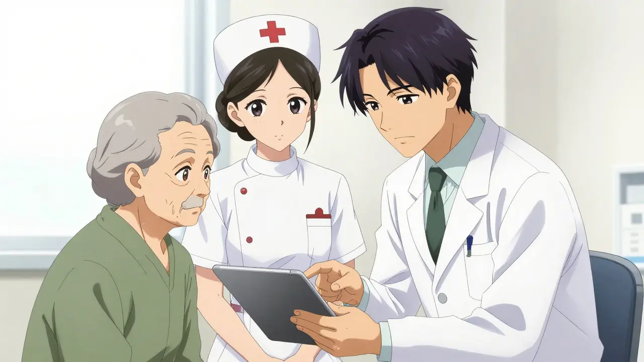 A pharmacist and nurse helping an elderly patient with a tablet in Tite Kubo anime style
