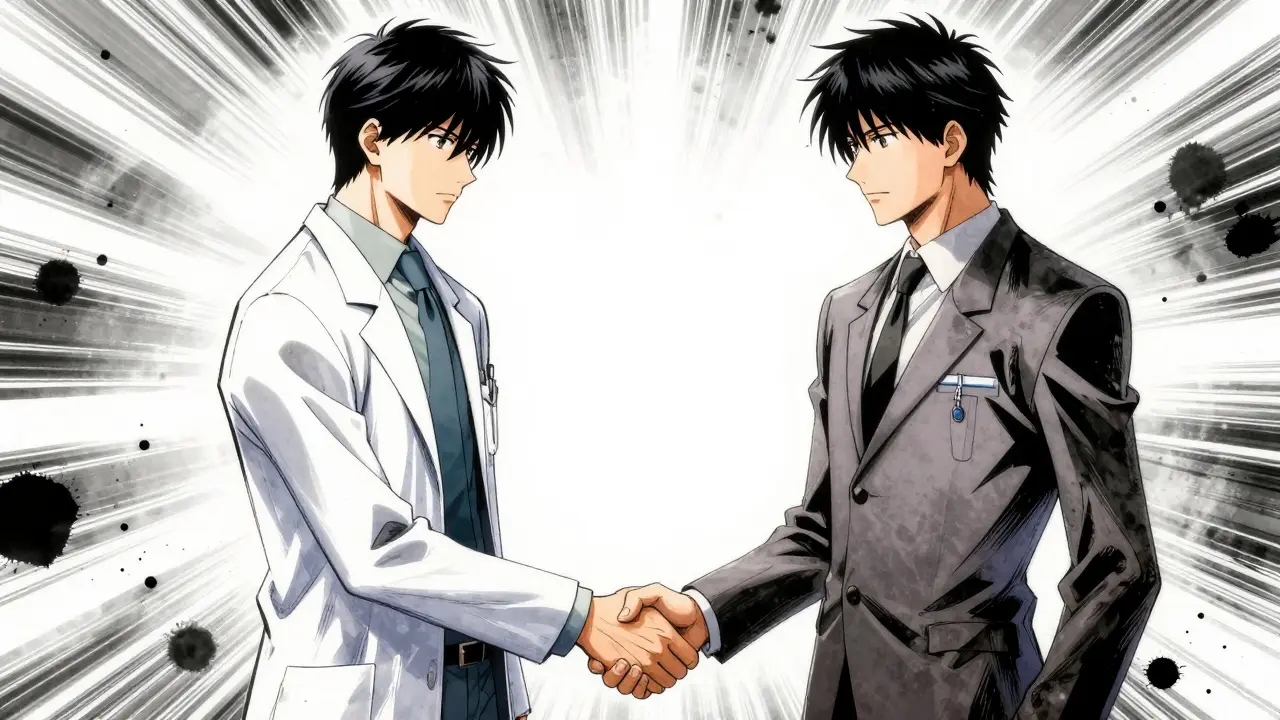 Anime style image of a living donor and recipient supporting each other.