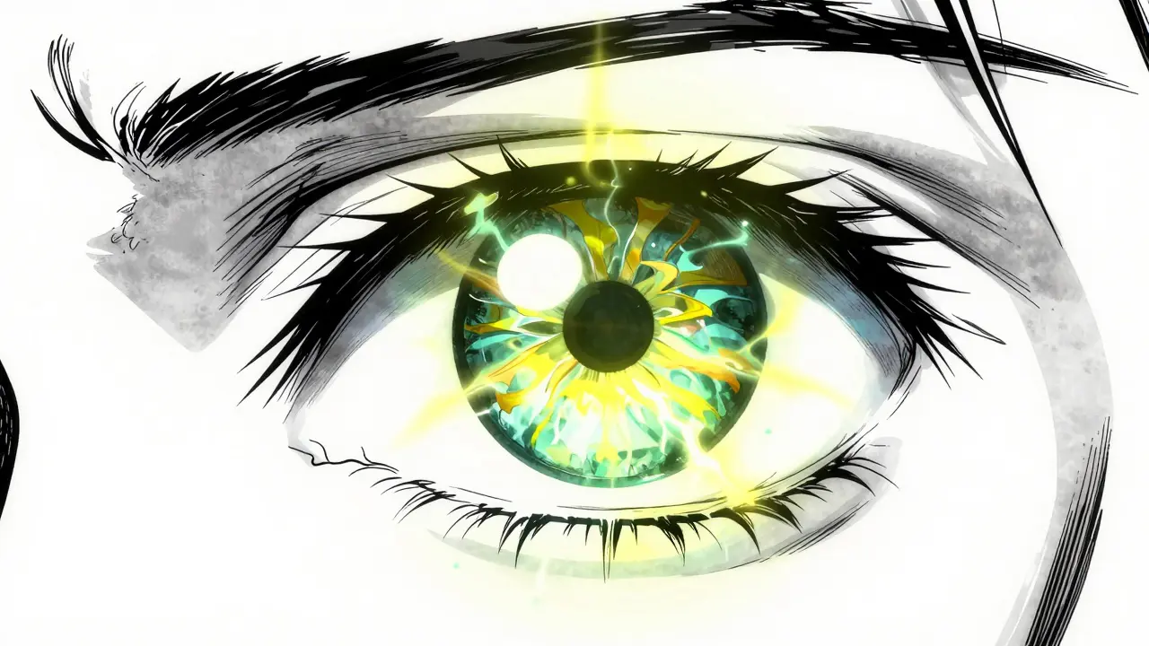 Close-up of an eye seeing yellow and green glowing halos in a manga style.