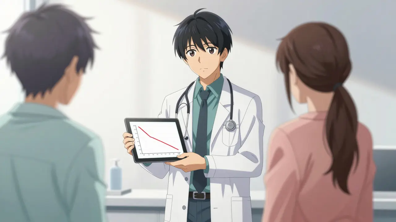 Doctor and patient discussing blood count results on a tablet in a modern clinic.