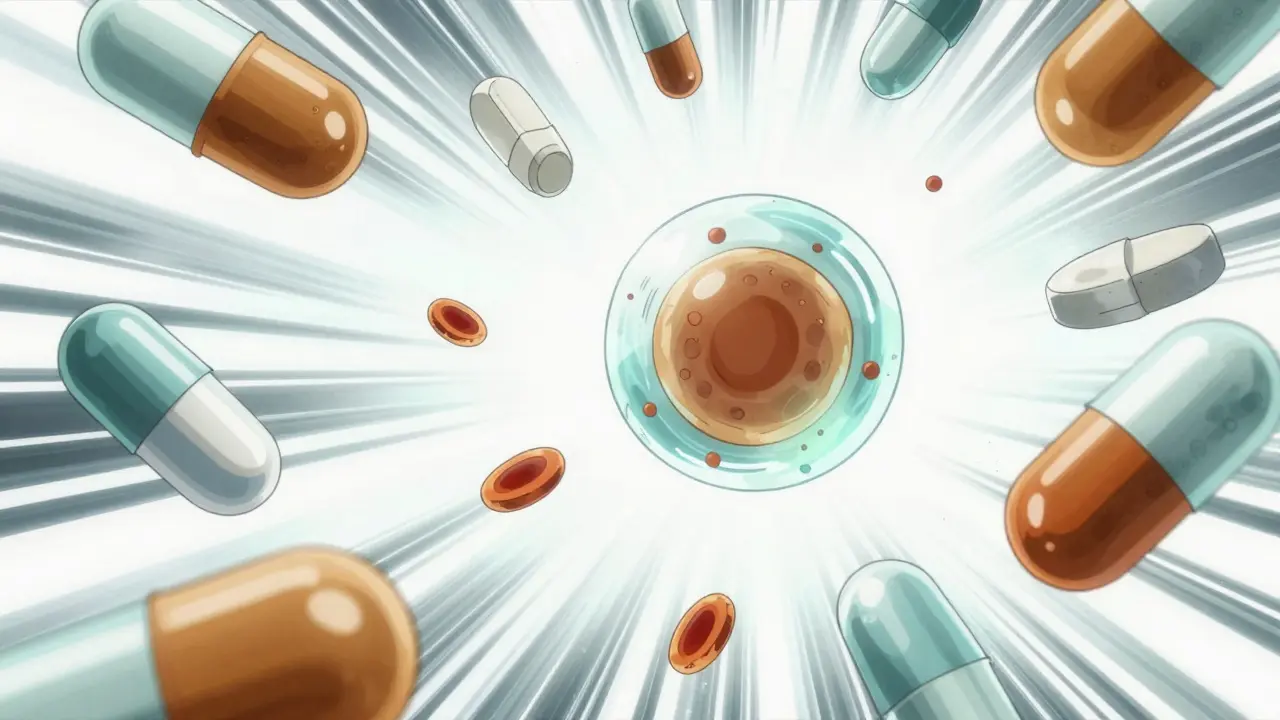 Dynamic composition of medicine tablets and blood cells in a high-contrast manga style.