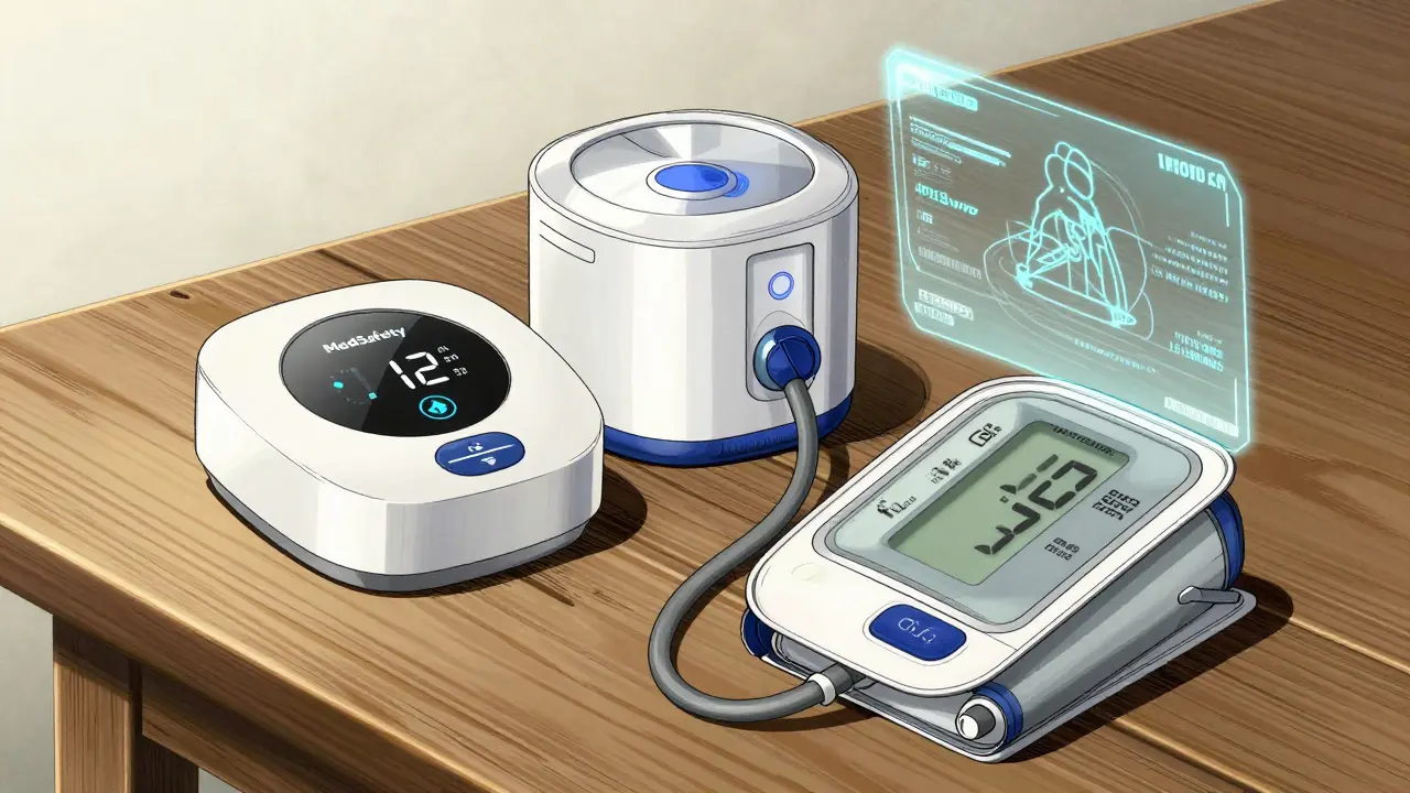 Futuristic smart pill dispenser and medical sensors with holographic data in anime style