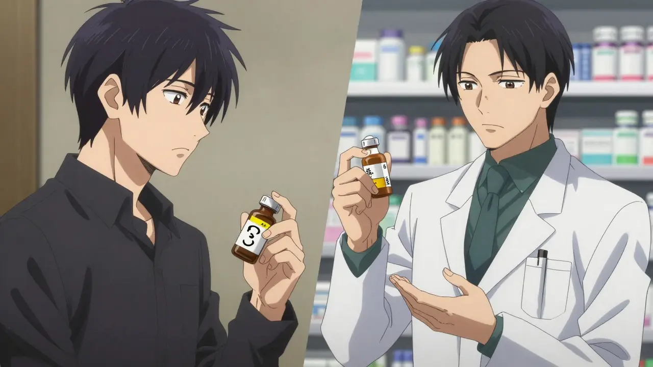 Manga illustration of a pharmacist explaining medication warning icons to a confused patient.