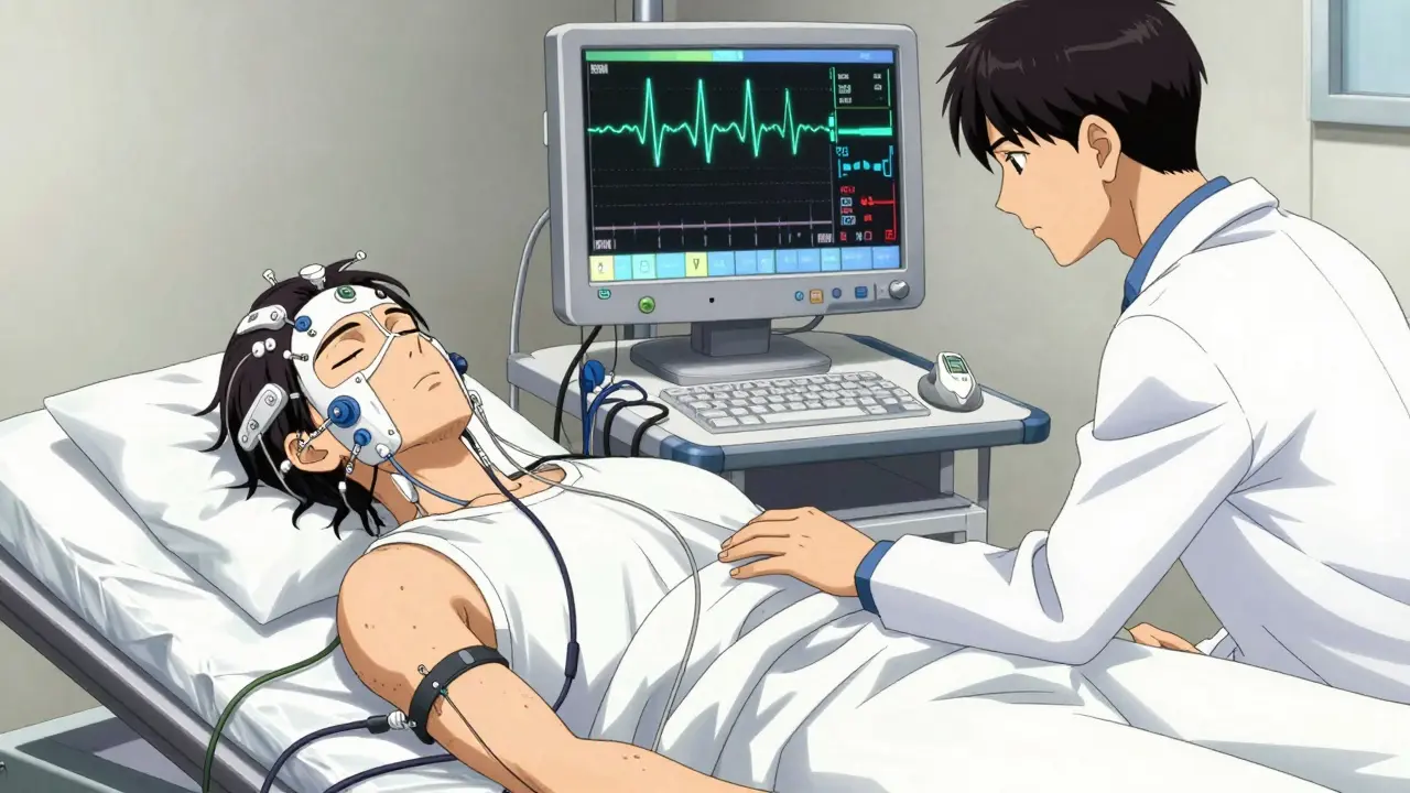 Manga style depiction of a patient undergoing a polysomnography sleep study with sensors.