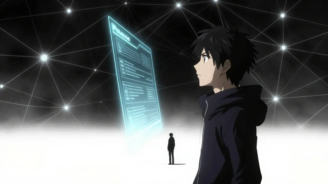 Manga style depiction of a person waiting in a conceptual, digital network for a kidney match.