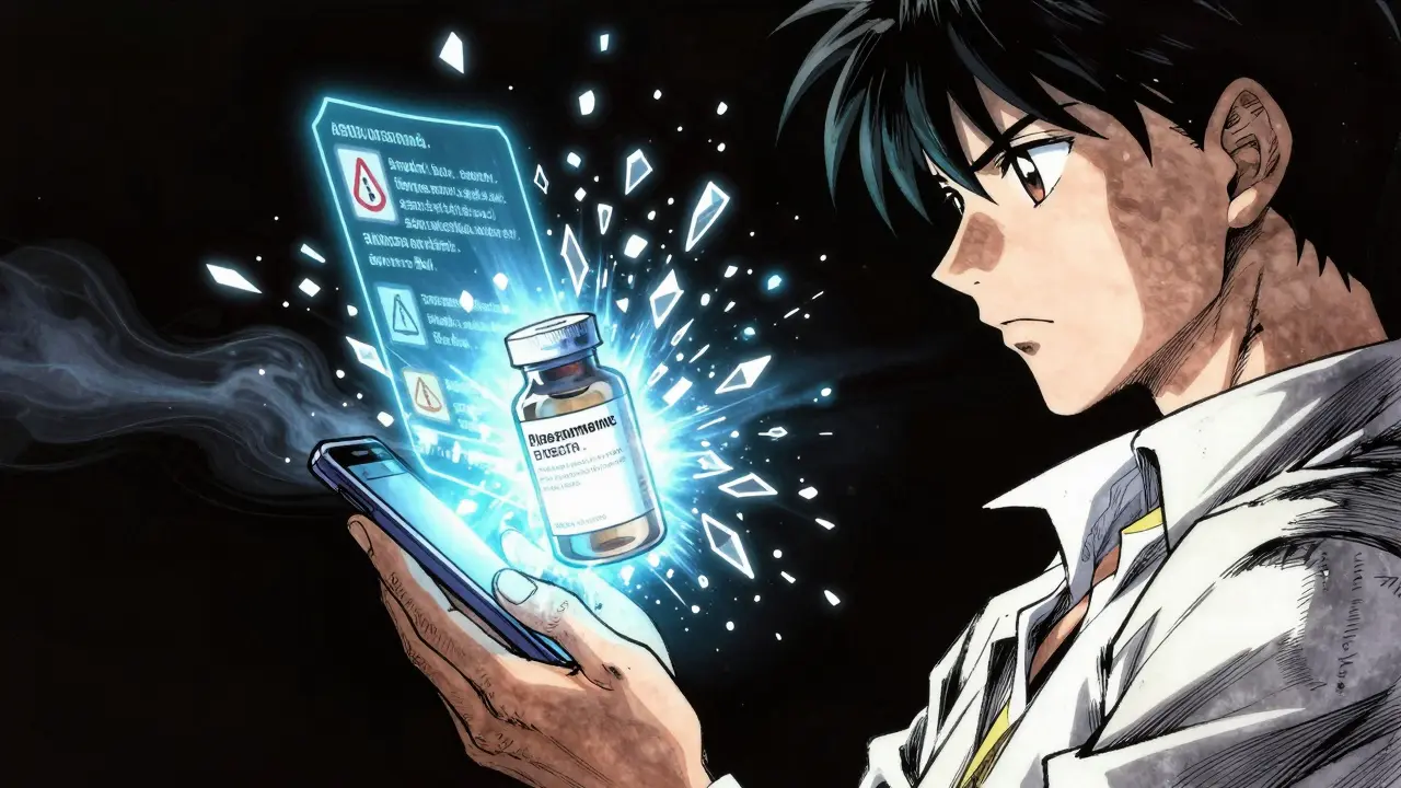 Person using a smartphone to see an AR holographic safety guide over a medicine bottle in anime style.