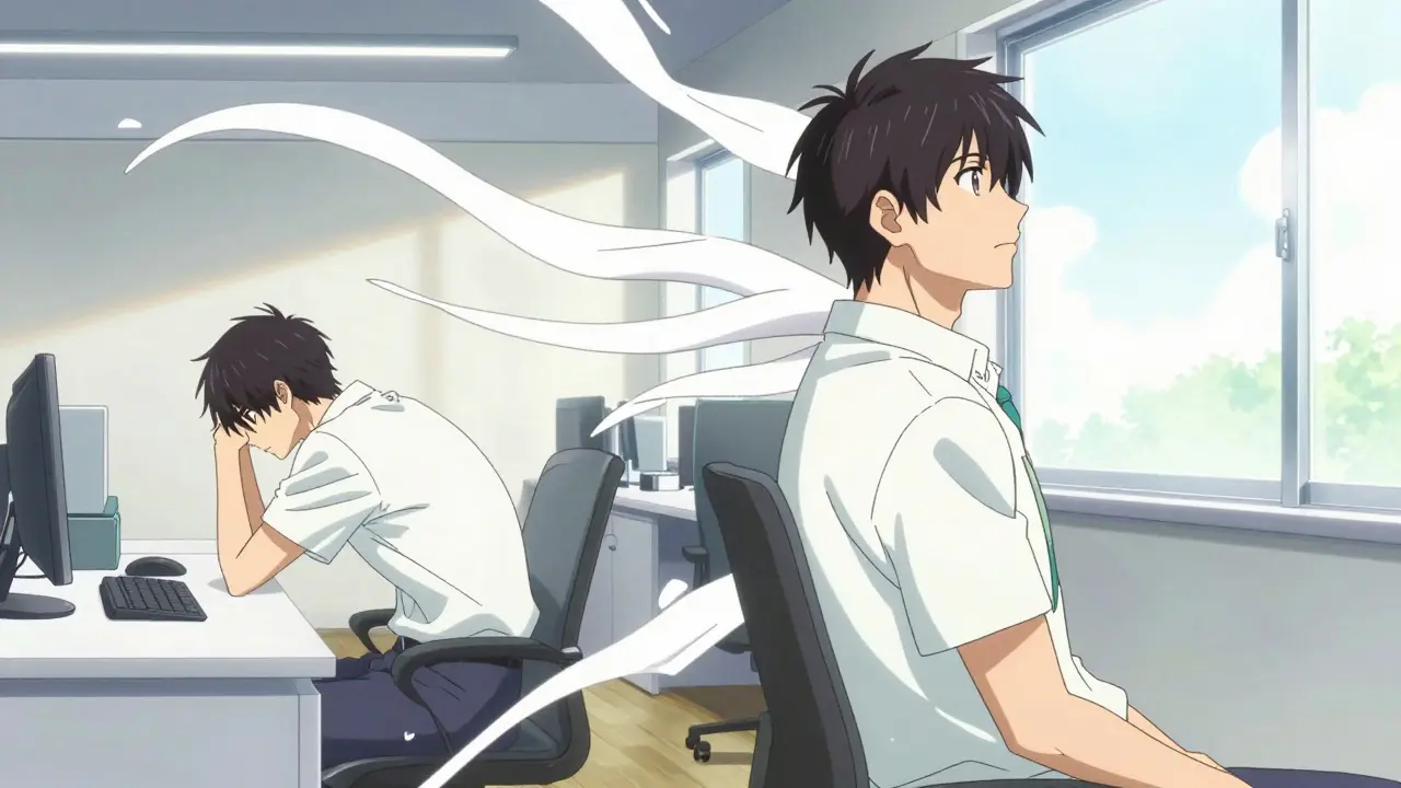 Split scene showing a person transitioning from digital eye strain to a relaxing break.