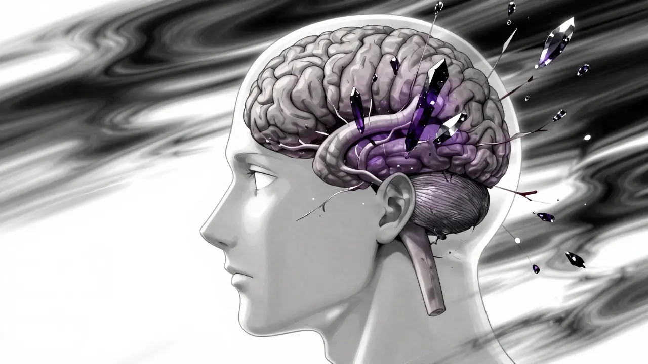 Stylized anime image of a brain showing the buildup of alpha-synuclein protein crystals.